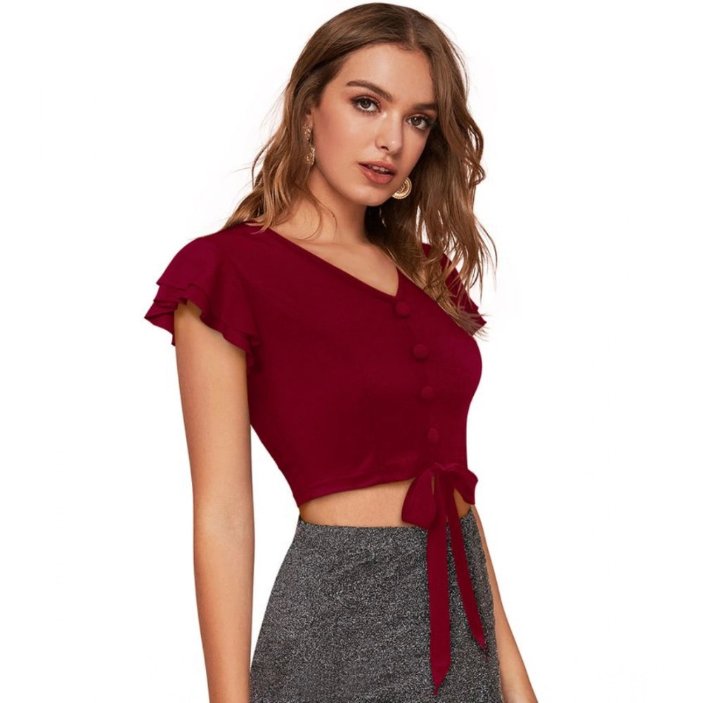 Vaystra Polyester Solid Short Sleeves V Neck Top – Maroon