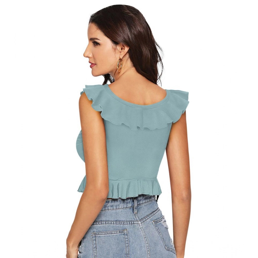 Vaystra Polyester Solid Sleeveless Ruffle Neck Top – Pista