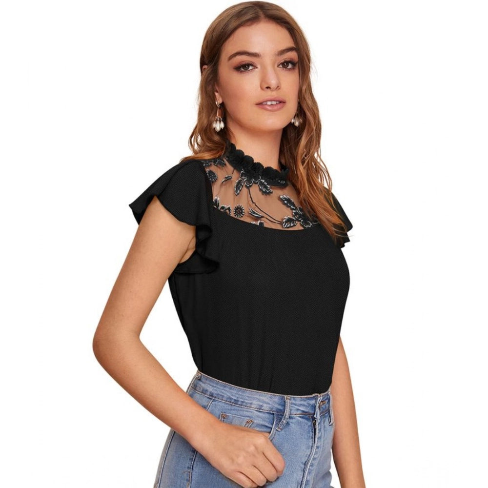 Vaystra Polyester Solid Cap Sleeve Sweetheart Neck Top – Black