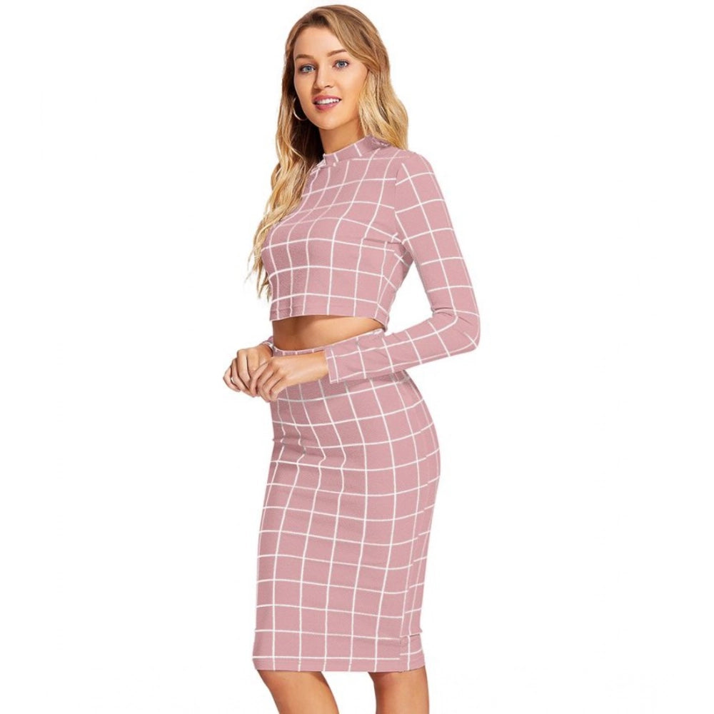 Vaystra Polyester Checkered Full Sleeves Stand Collar Crop Top Skirt Set – Pink