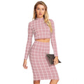 Vaystra Polyester Checkered Full Sleeves Stand Collar Crop Top Skirt Set – Pink