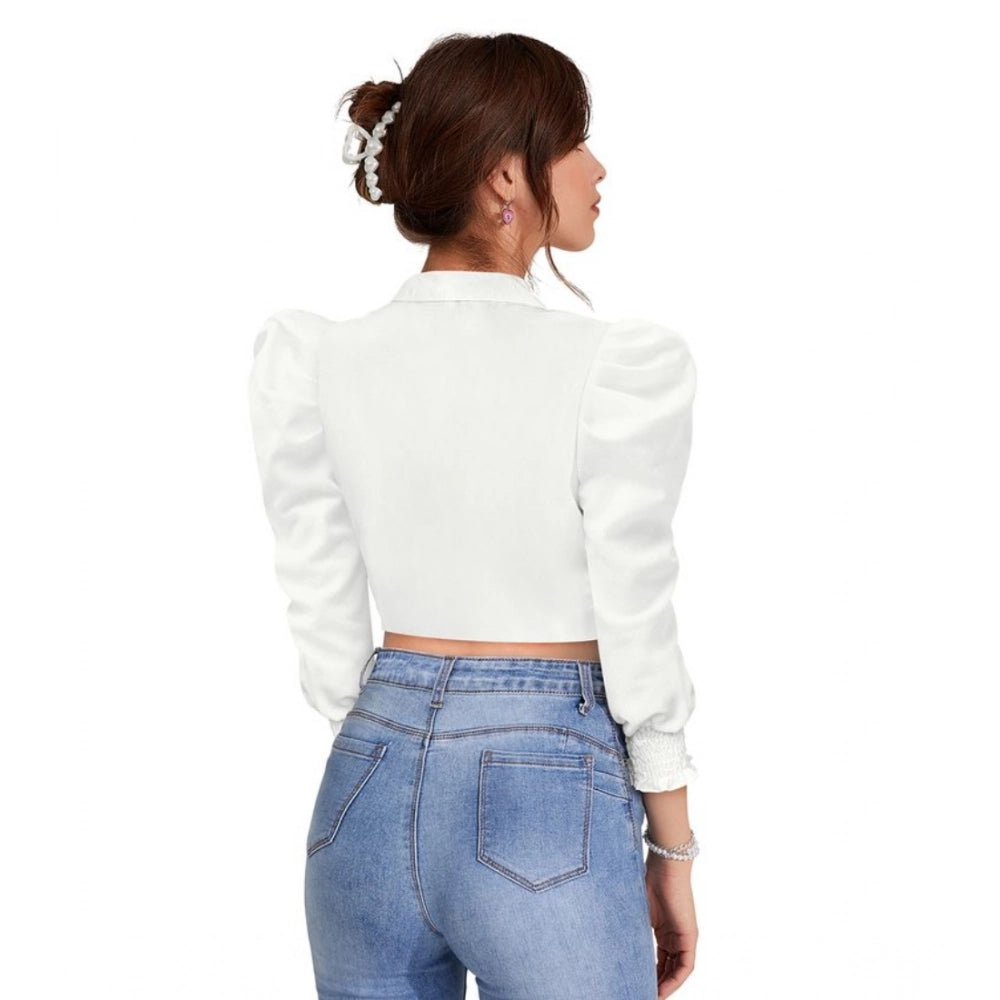 Vaystra Polyester Solid Puff Sleeves Lapel Collar Top – White