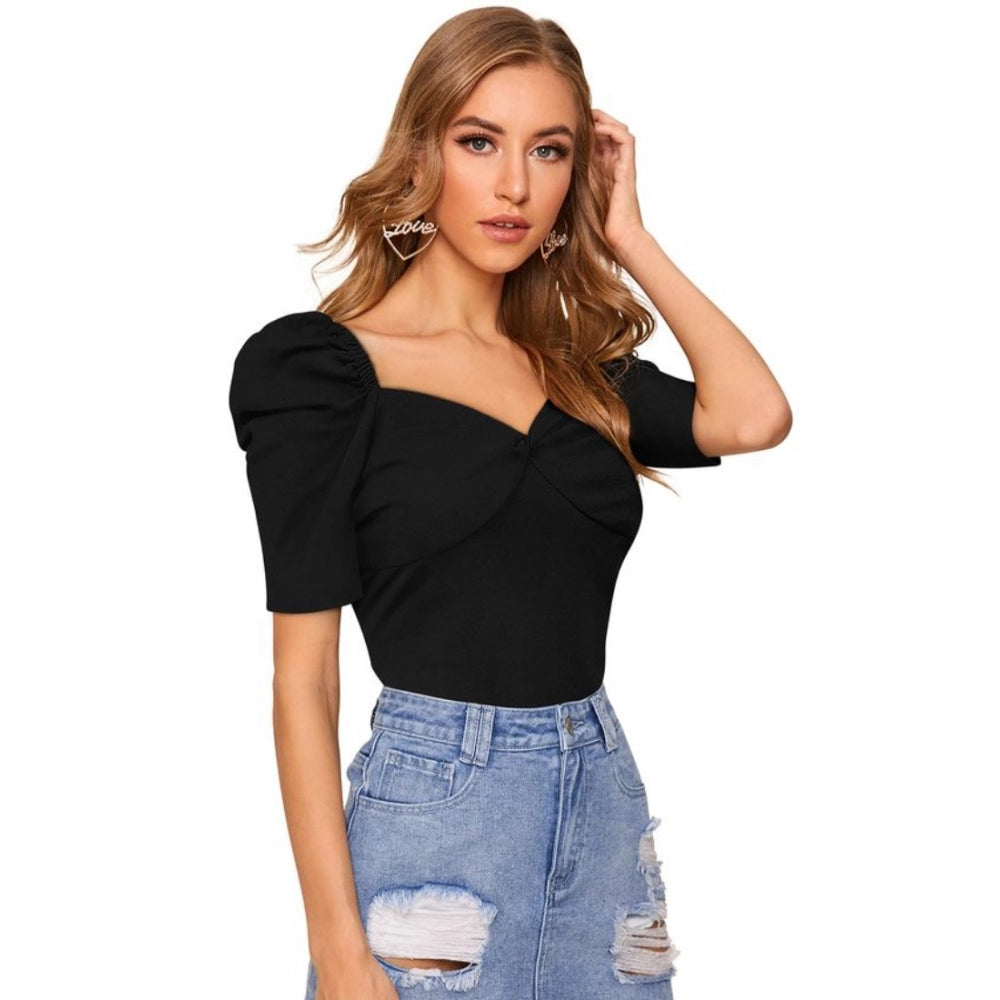 Vaystra Polyester Solid Puff Short Sleeves Sweetheart Neck Top – Black