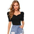 Vaystra Polyester Solid Puff Short Sleeves Sweetheart Neck Top – Black