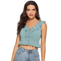 Vaystra Polyester Solid Sleeveless Ruffle Neck Top – Pista