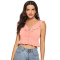 Vaystra Polyester Solid Sleeveless Ruffle Neck Top – Peach