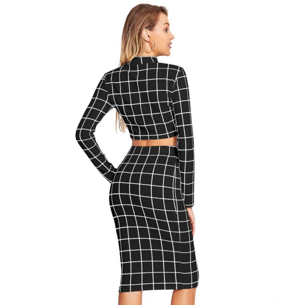 Vaystra Polyester Checkered Full Sleeves Stand Collar Crop Top Skirt Set – Black