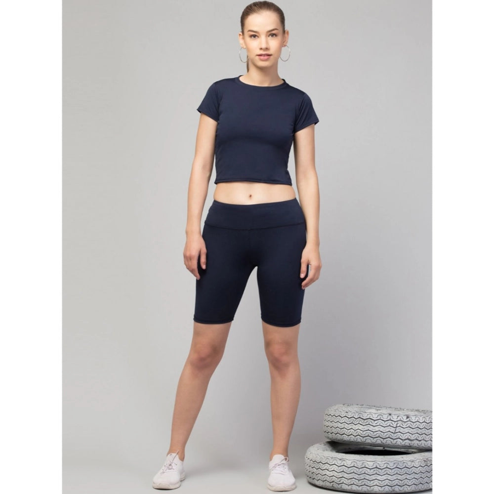 Vaystra Polyester Solid Above Knee High-Rise Shorts – Navy