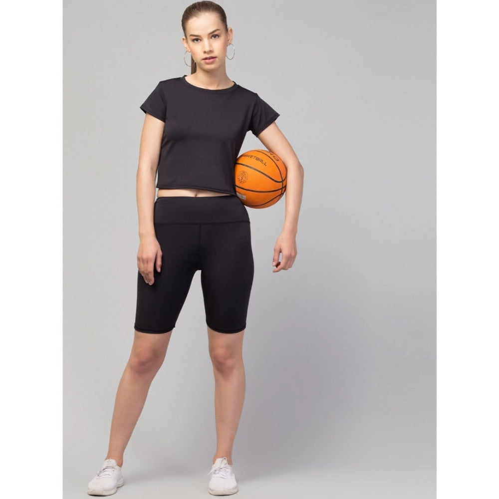 Vaystra Polyester Solid Above Knee High-Rise Shorts – Black