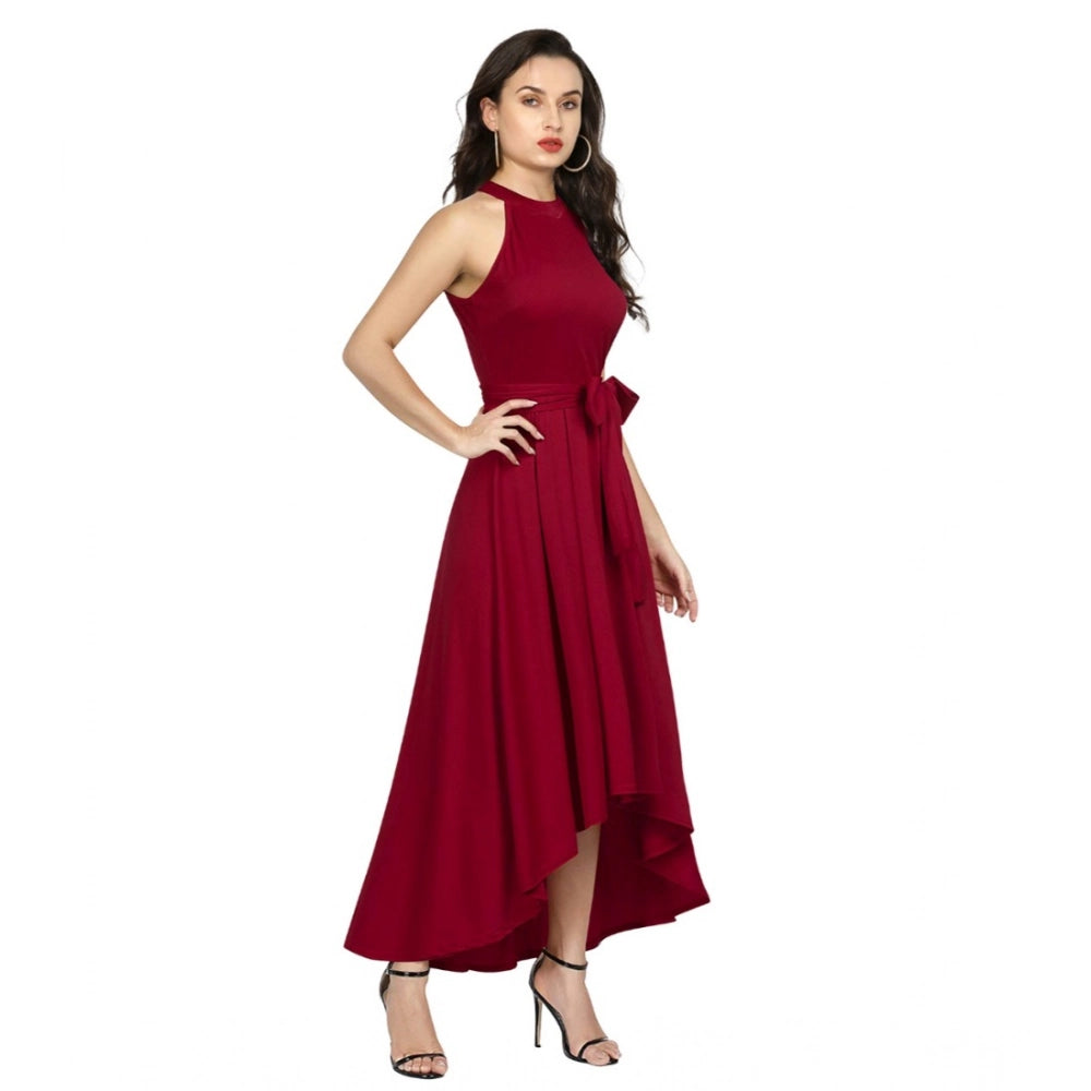 Vaystra Polyster Solid Halter Neck Sleeveless Dress – Maroon