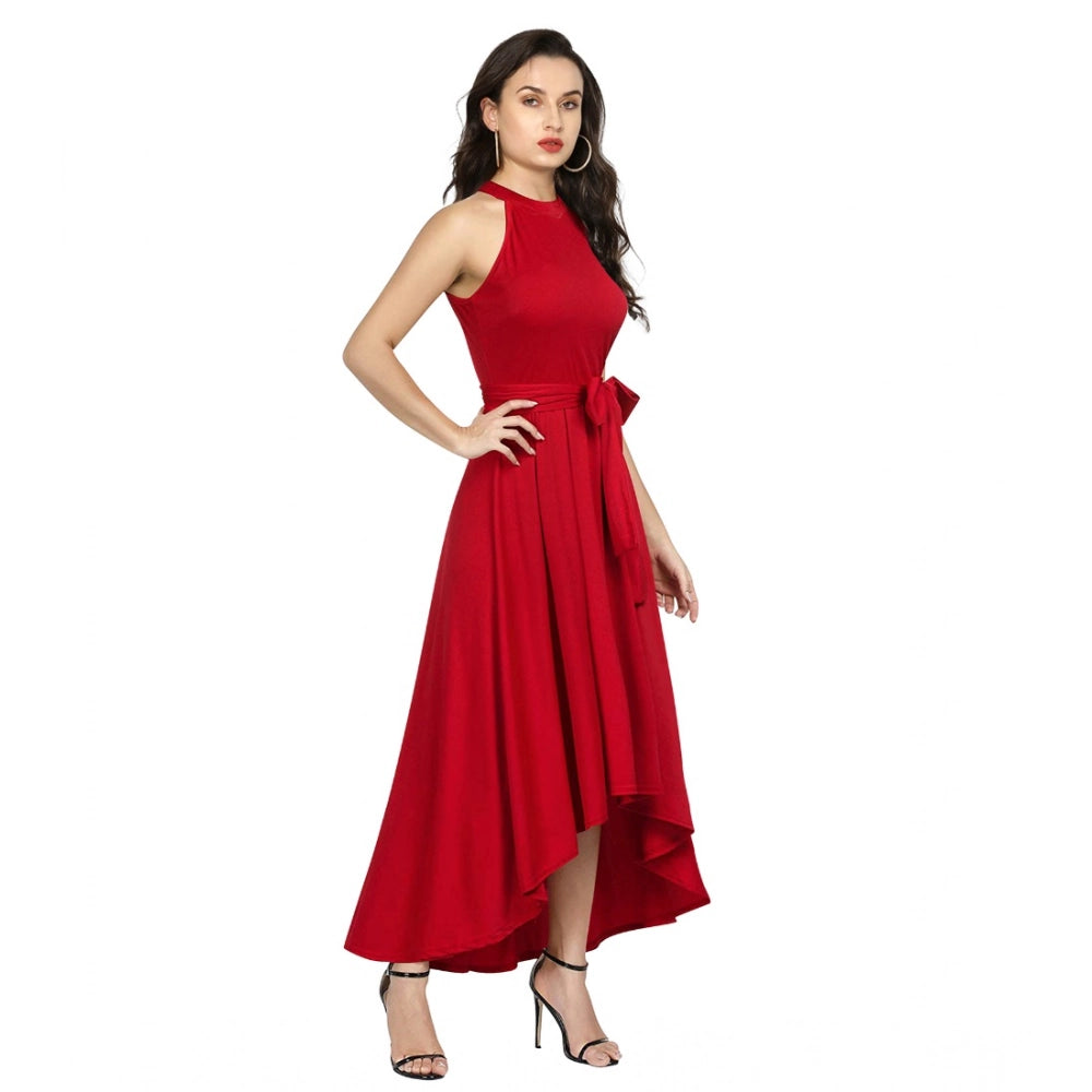 Vaystra Polyster Solid Halter Neck Sleeveless Dress – Red