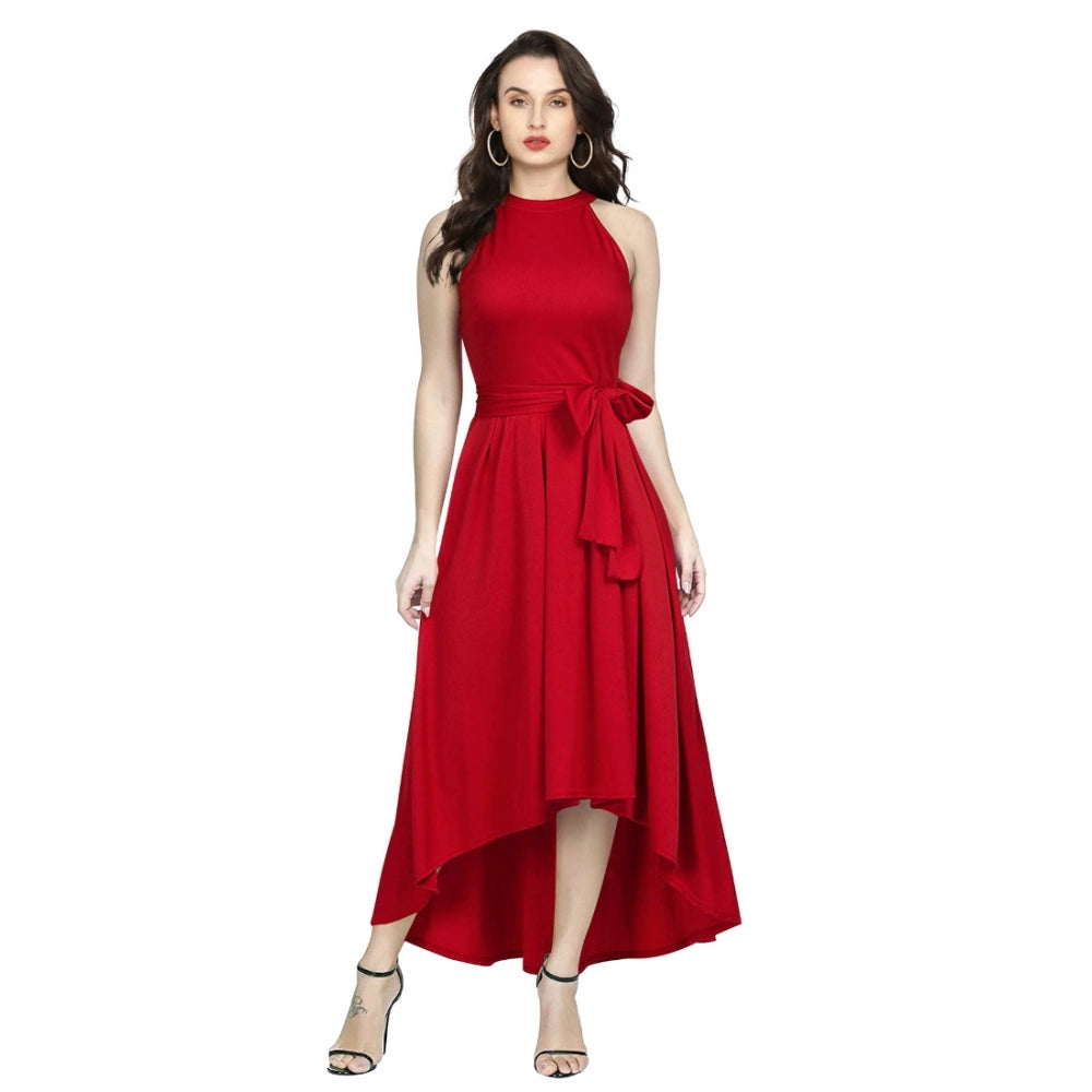 Vaystra Polyster Solid Halter Neck Sleeveless Dress – Red