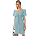 Vaystra Knitting stretchable Solid Square Neck 3-4 Puff Sleeve Dress – Pista