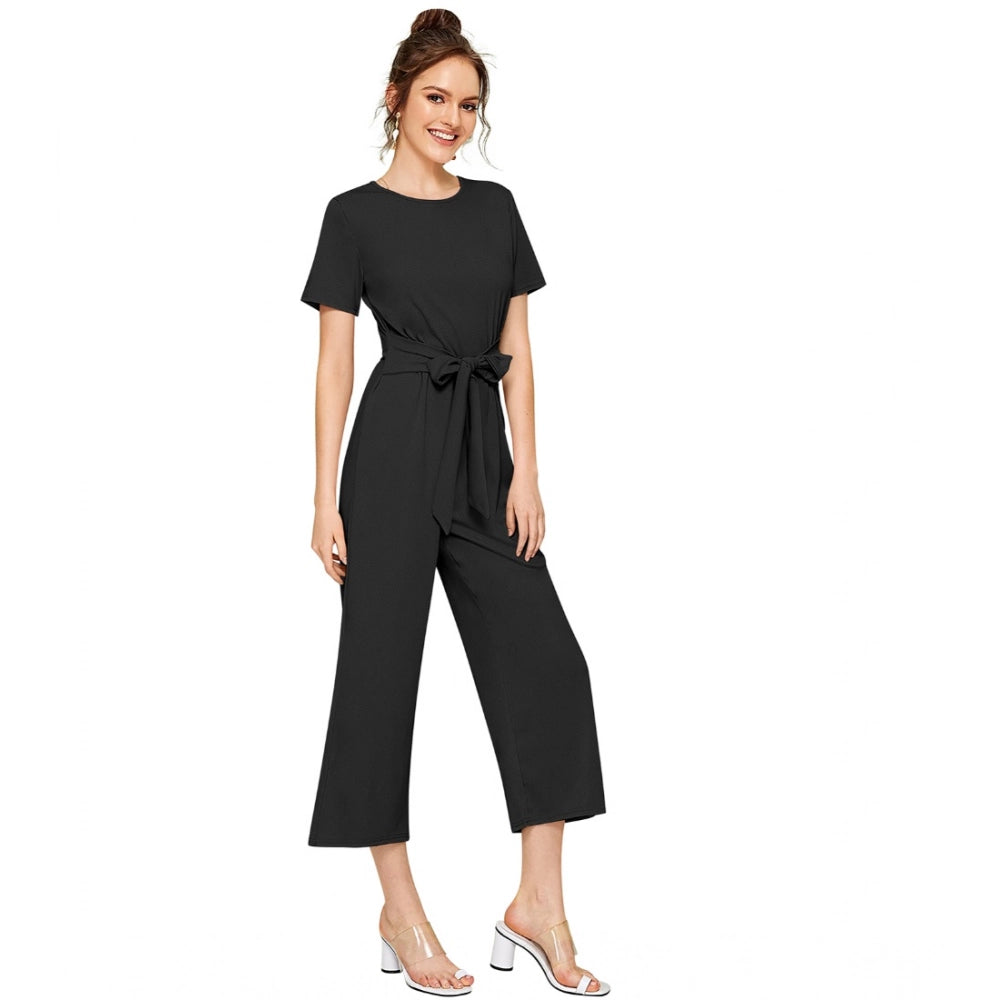Vaystra Knitting stretchable Solid Round Neck Cap Sleeve Jumpsuit – Black