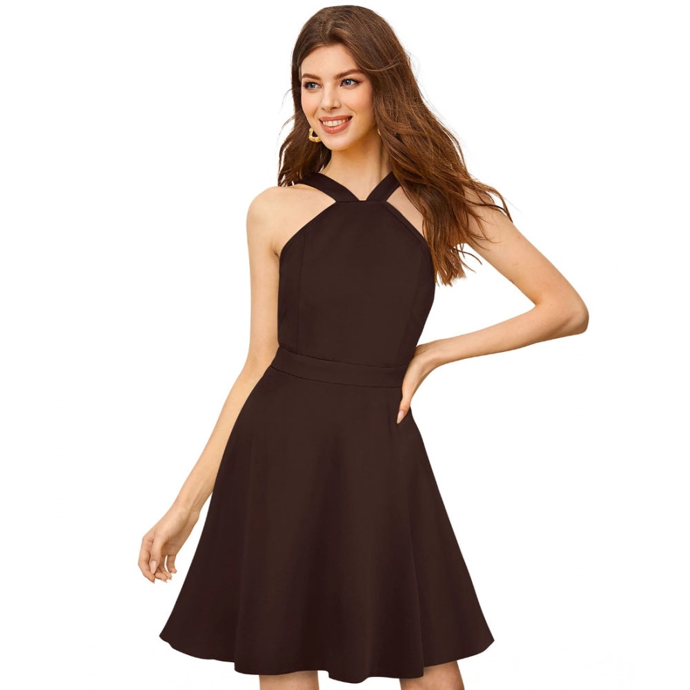 Vaystra Knitting stretchable Solid Halter Neck Sleeveless Dress – Coffee
