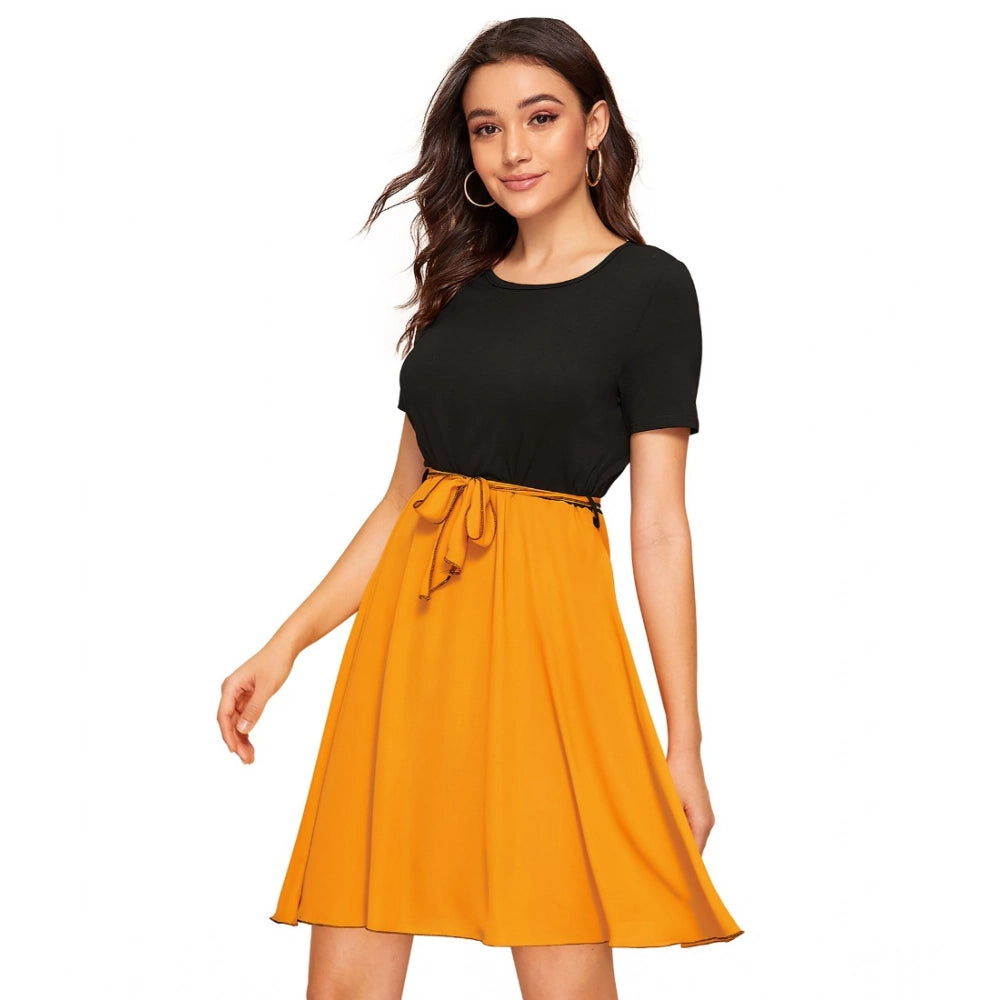 Vaystra Knitting stretchable Solid Round Neck Cap Sleeve Dress – Yellow