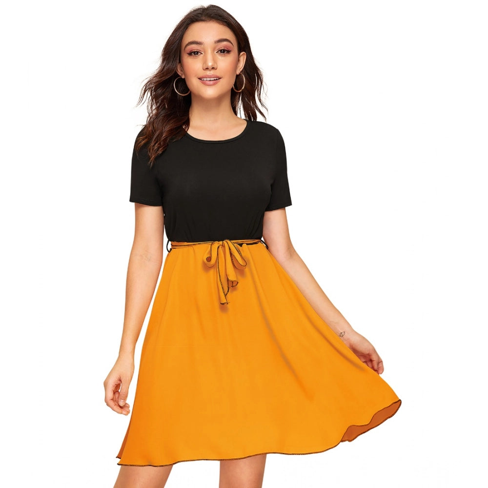 Vaystra Knitting stretchable Solid Round Neck Cap Sleeve Dress – Yellow