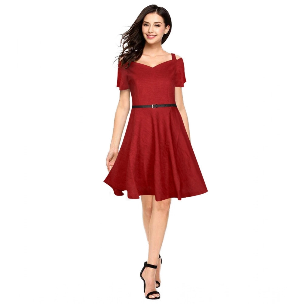 Vaystra Polyester Solid V Neck Cap Sleeve Dress – Maroon