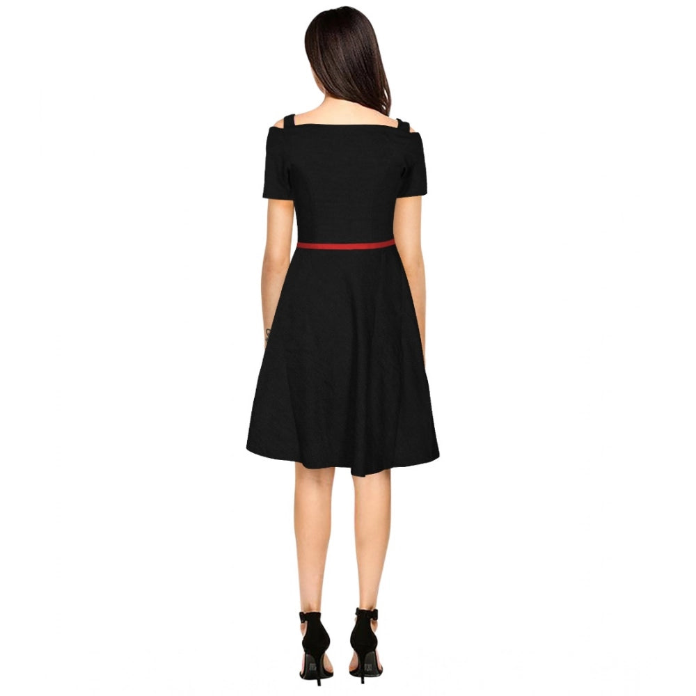 Vaystra Polyester Solid V Neck Cap Sleeve Dress – Black