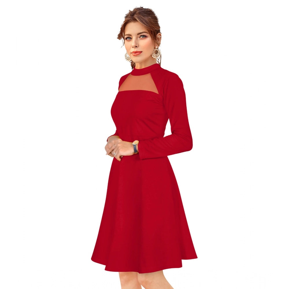Vaystra Knitting stretchable Solid Round Neck Full Sleeve Dress – Red