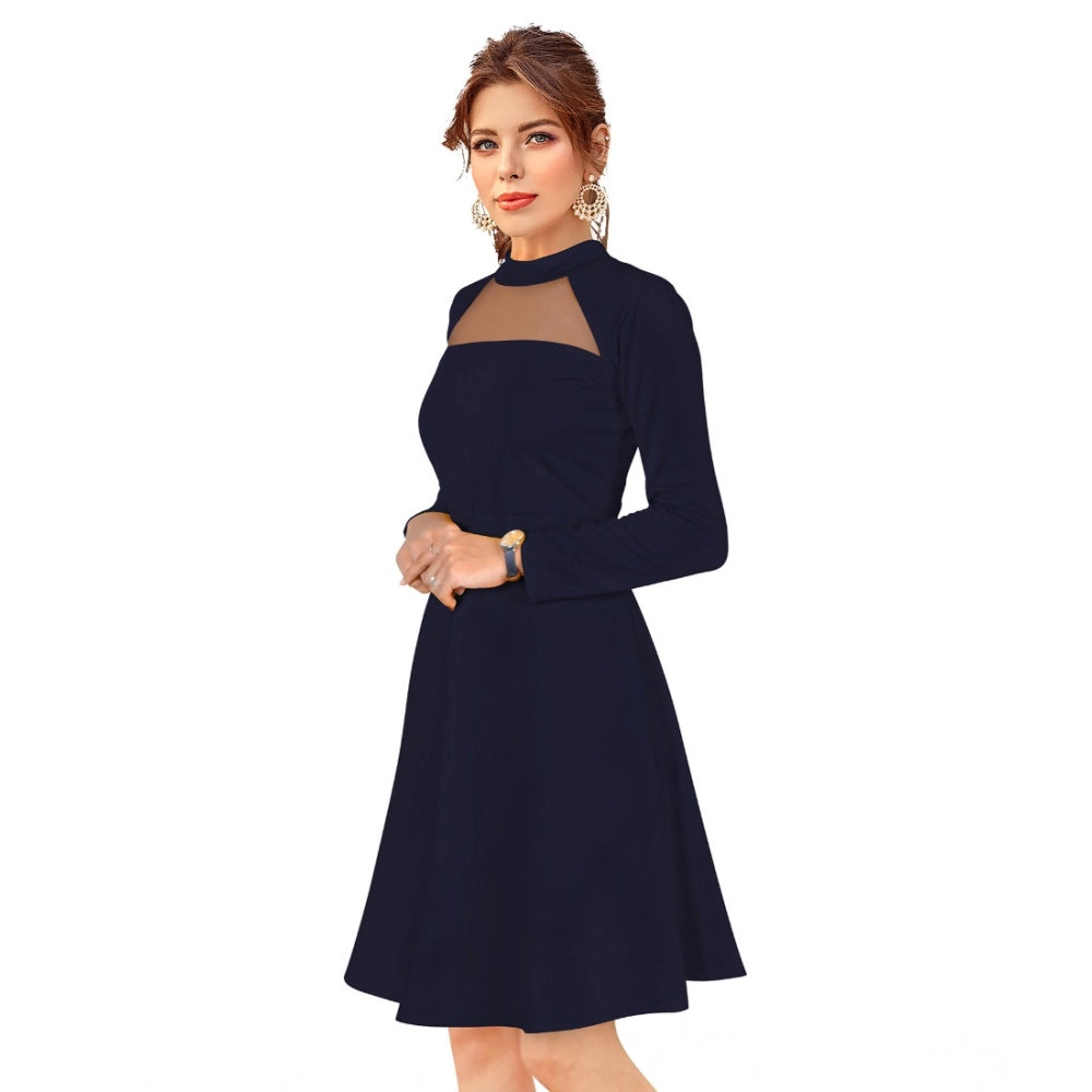 Vaystra Knitting stretchable Solid Round Neck Full Sleeve Dress – Blue