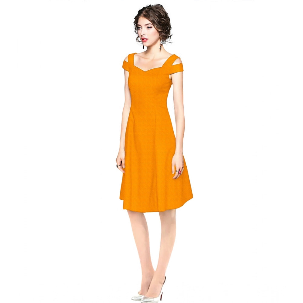 Vaystra Polyester Solid V Neck Cap Sleeve off Shoulder Dress – Yellow