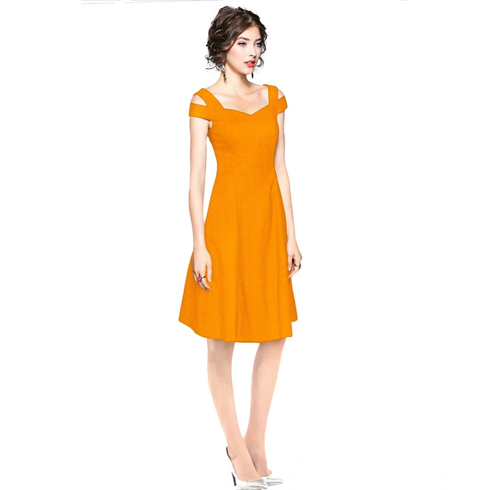 Vaystra Polyester Solid V Neck Cap Sleeve off Shoulder Dress – Yellow