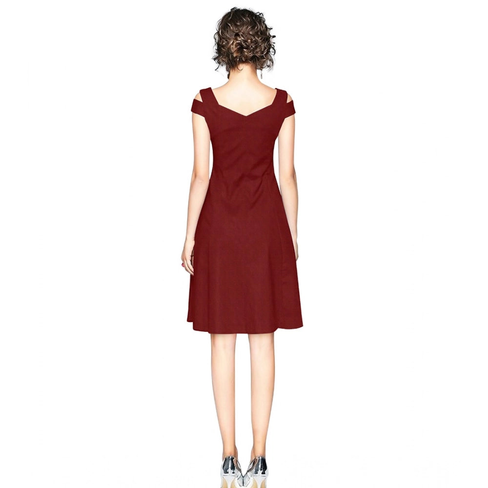 Vaystra Polyester Solid V Neck Cap Sleeve off Shoulder Dress – Maroon