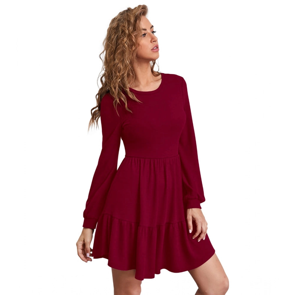 Vaystra Knitting stretchable Solid Round Neck Full Sleeve Dress – Maroon