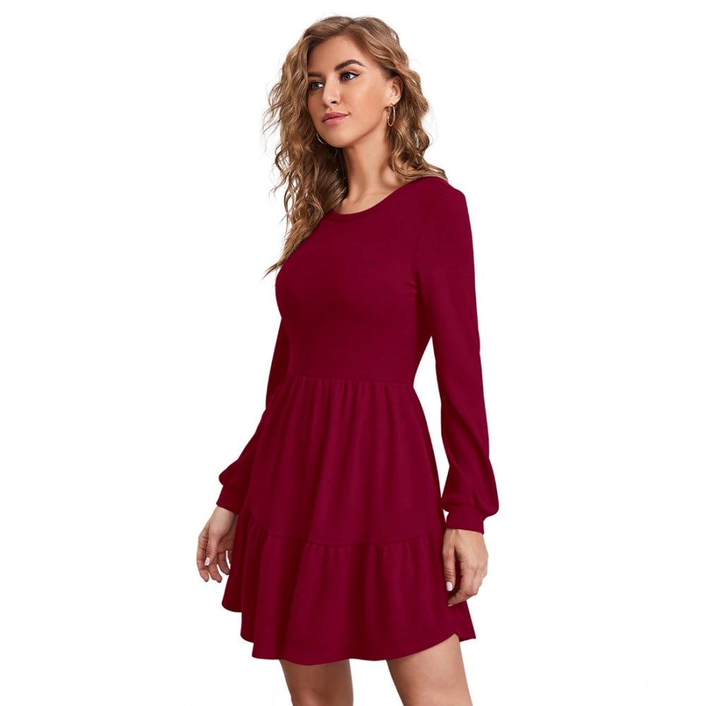 Vaystra Knitting stretchable Solid Round Neck Full Sleeve Dress – Maroon