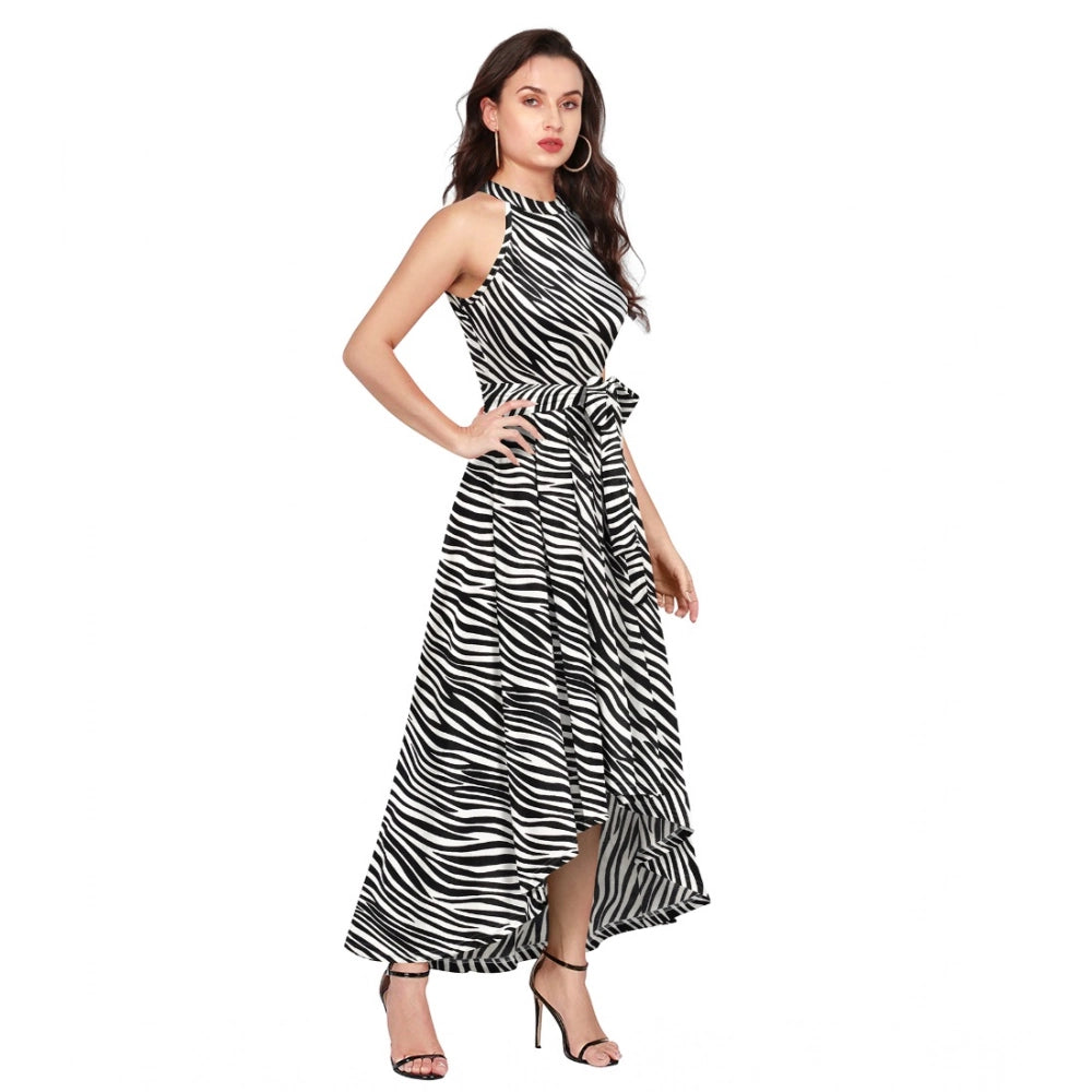 Vaystra Polyester Zebra Pattern Halter Neck Sleeveless Dress – White