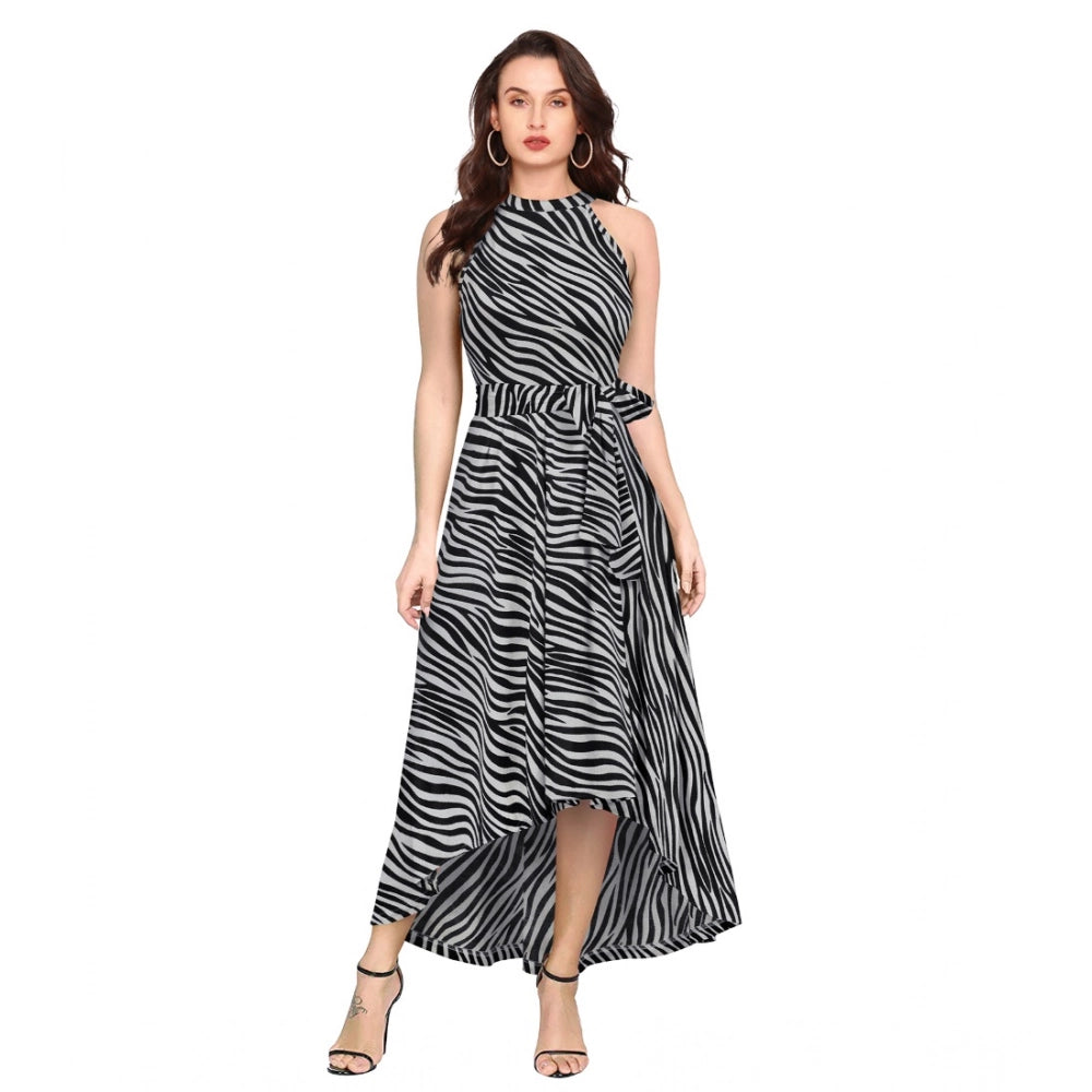 Vaystra Polyester Zebra Pattern Halter Neck Sleeveless Dress – Navy Blue