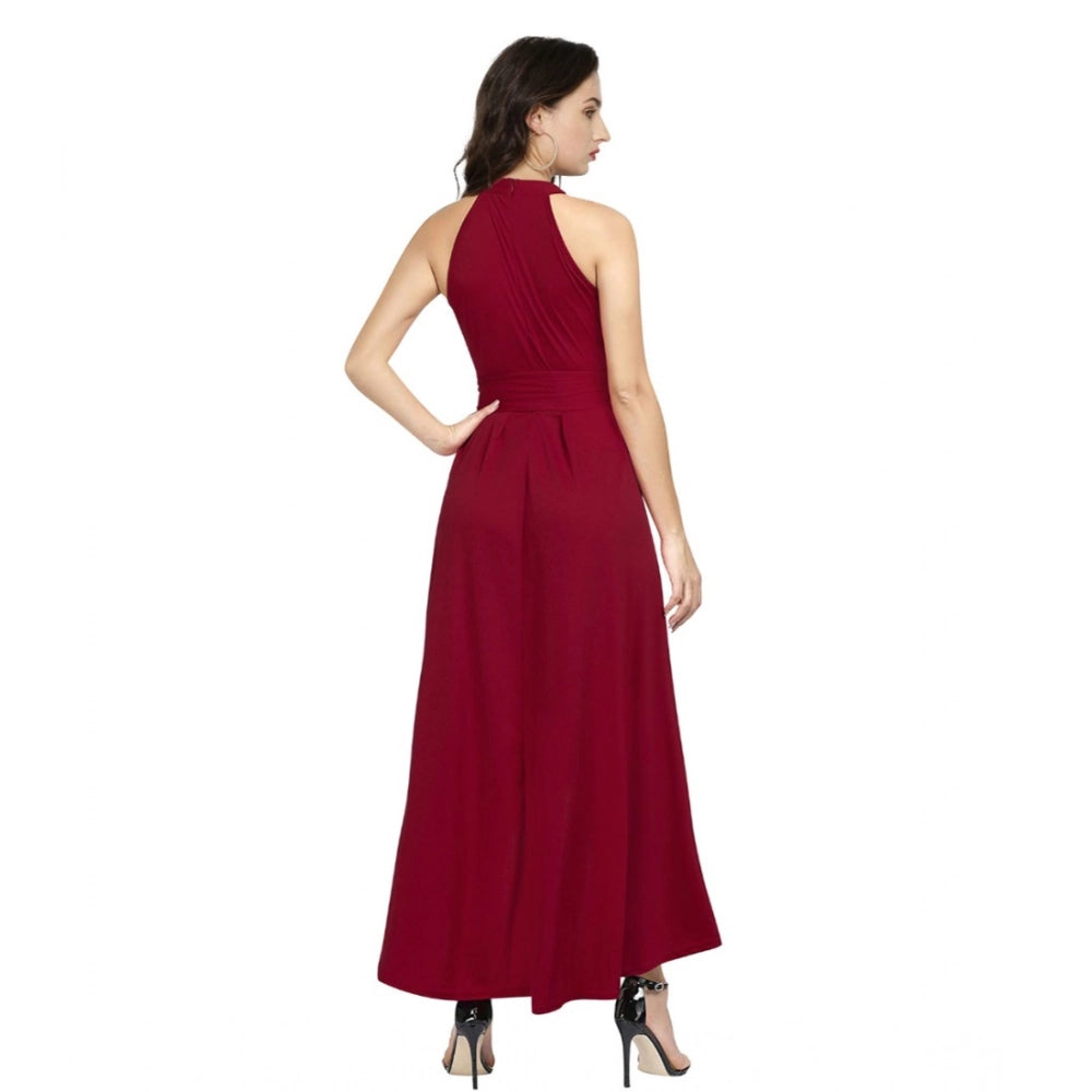 Vaystra Polyster Solid Halter Neck Sleeveless Dress – Maroon