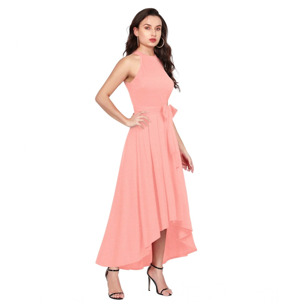 Vaystra Polyster Solid Halter Neck Sleeveless Dress – Peach