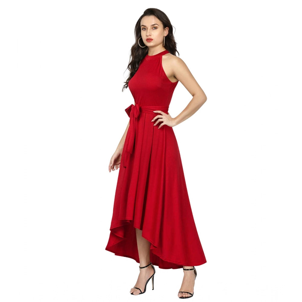 Vaystra Polyster Solid Halter Neck Sleeveless Dress – Red