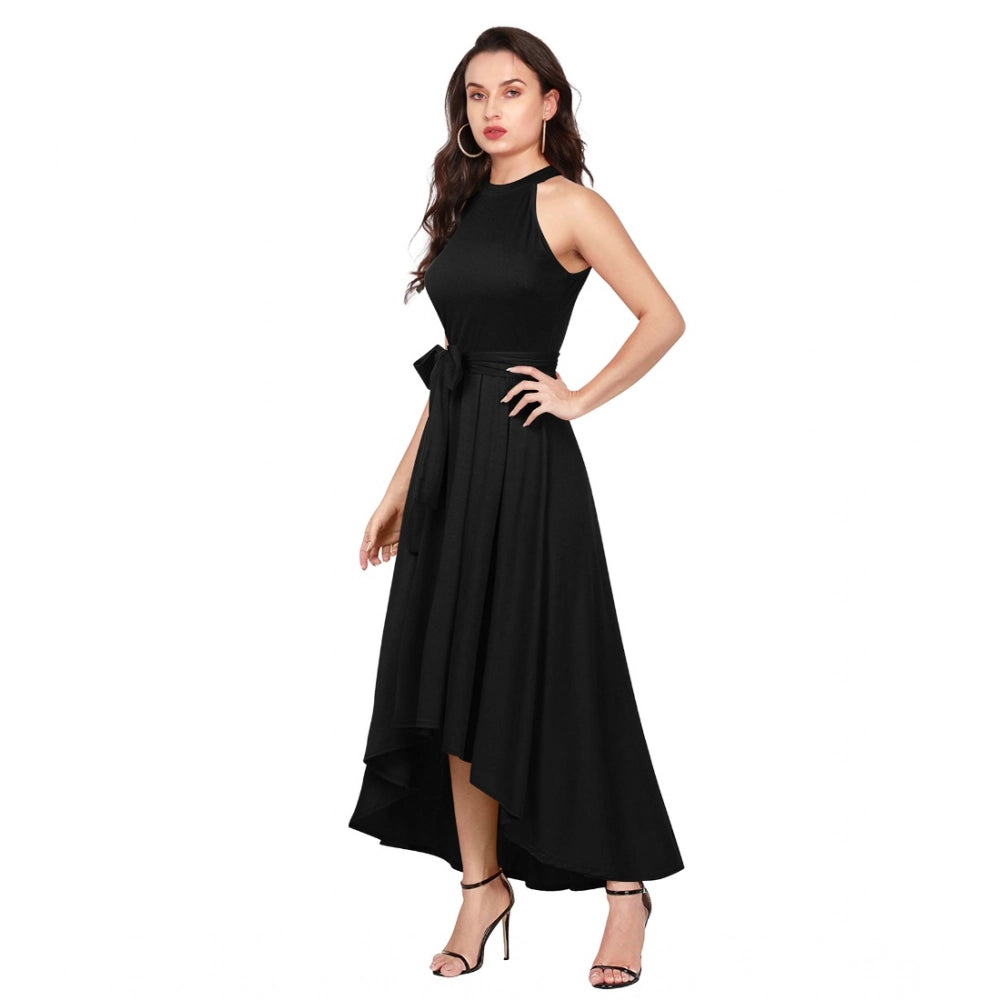 Vaystra Polyster Solid Halter Neck Sleeveless Dress – Black