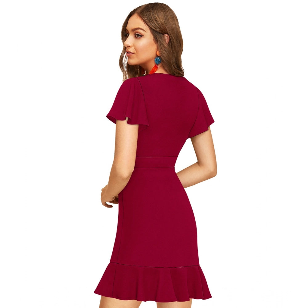 Vaystra Knitting stretchable Solid V Neck Flaired Sleeve Dress – Maroon
