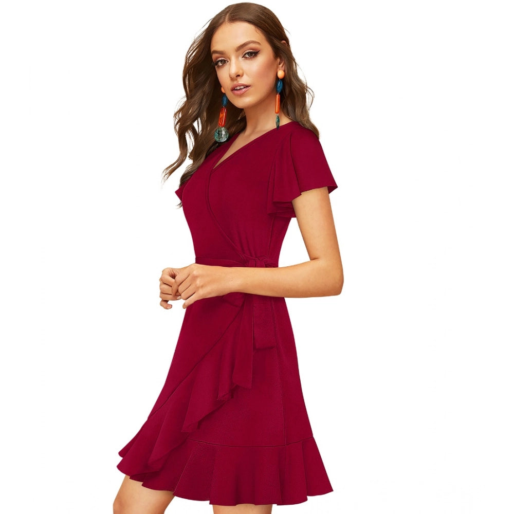 Vaystra Knitting stretchable Solid V Neck Flaired Sleeve Dress – Maroon