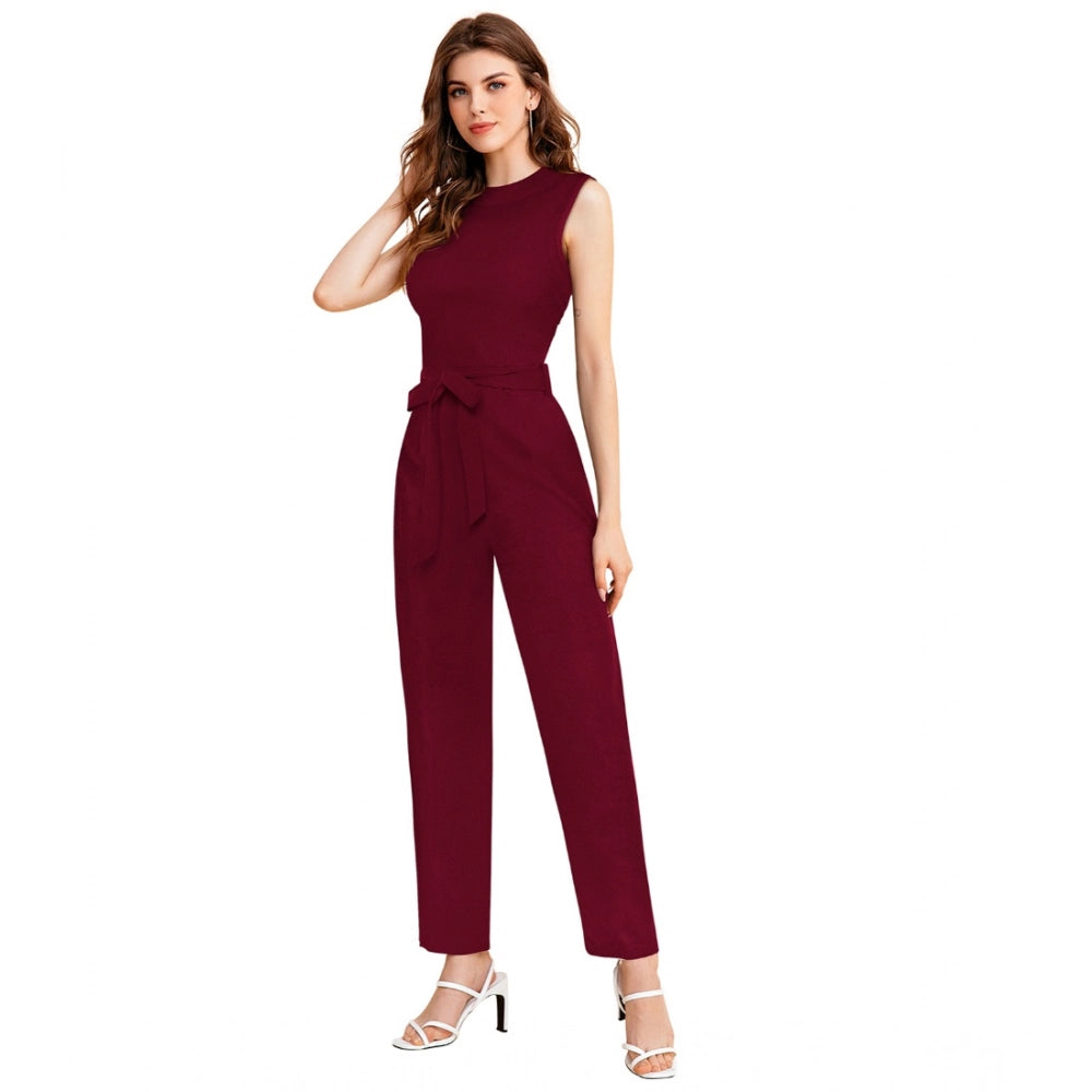 Vaystra Knitting stretchable Solid Round Neck Sleeveless Jumpsuit – Maroon