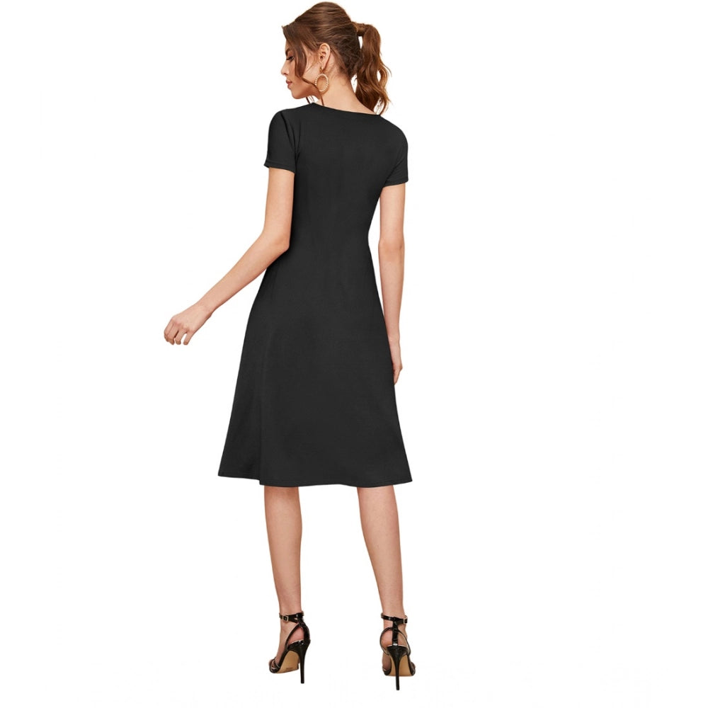 Vaystra Knitting stretchable Solid Round Neck Cap Sleeve Dress – Black