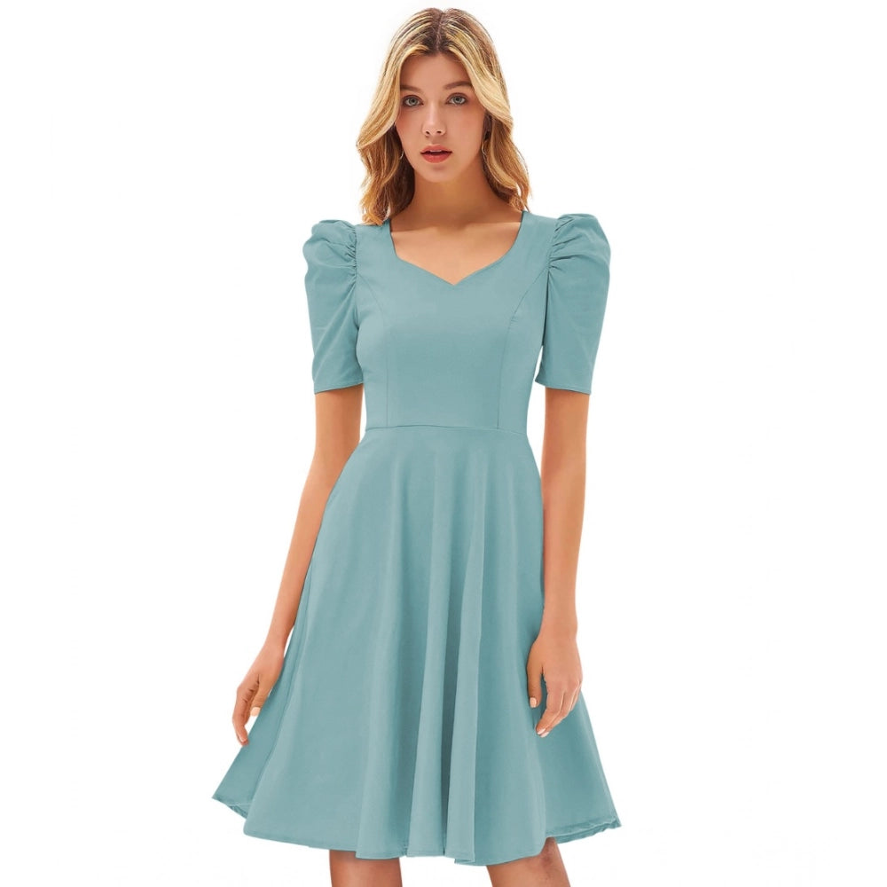 Vaystra Knitting stretchable Solid V Neck Cap Sleeve Dress – Pista