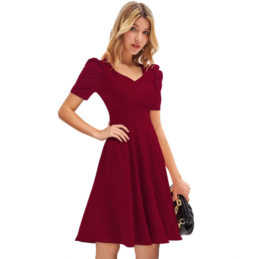 Vaystra Knitting stretchable Solid V Neck Cap Sleeve Dress – Maroon
