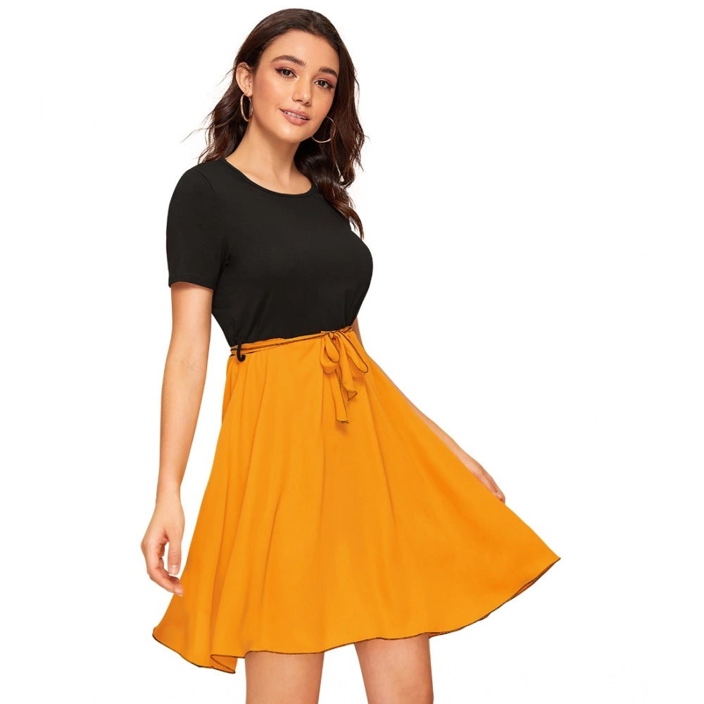 Vaystra Knitting stretchable Solid Round Neck Cap Sleeve Dress – Yellow