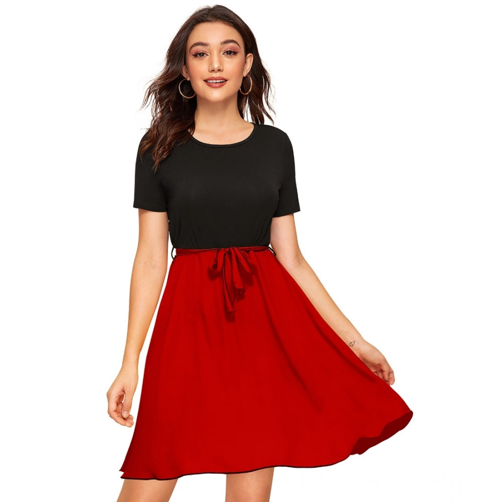 Vaystra Knitting stretchable Solid Round Neck Cap Sleeve Dress – Red