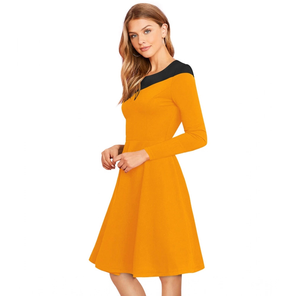 Vaystra Knitting stretchable Solid Round Neck Full Sleeve Dress – Yellow