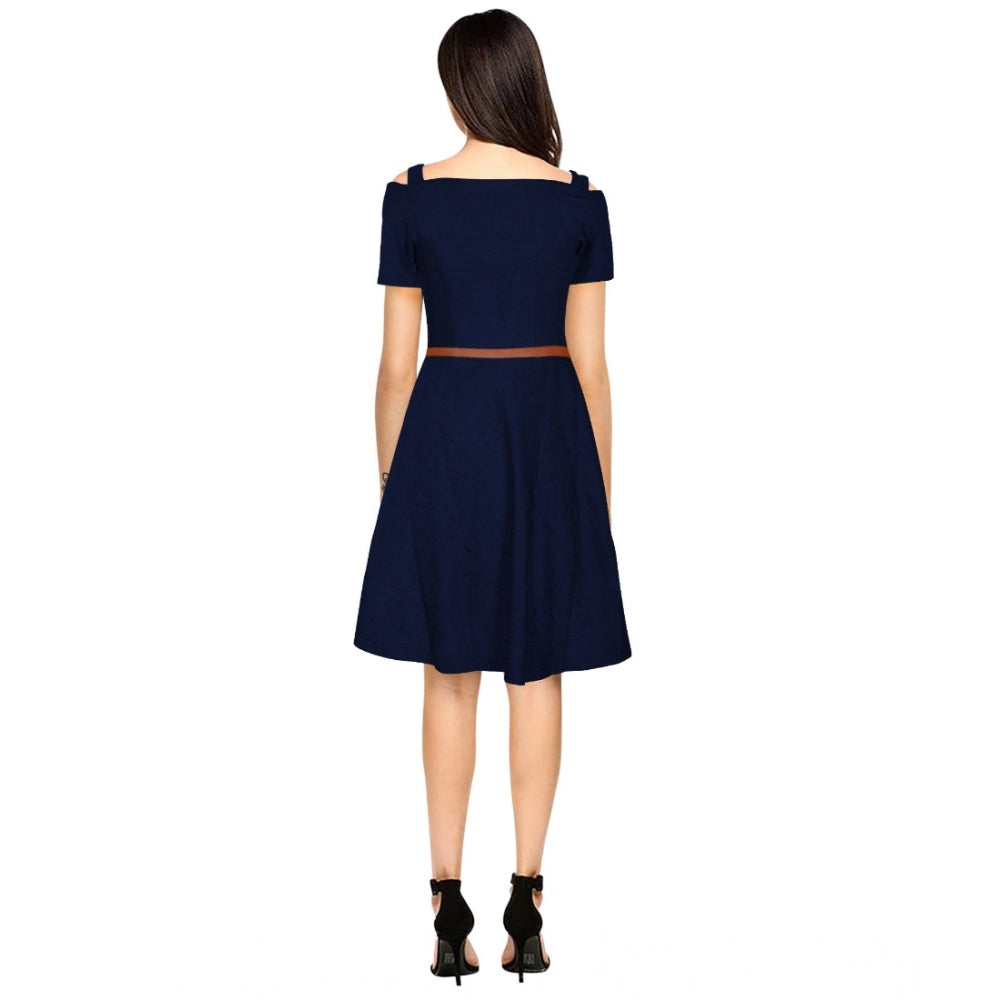 Vaystra Polyester Solid V Neck Cap Sleeve Dress – Blue