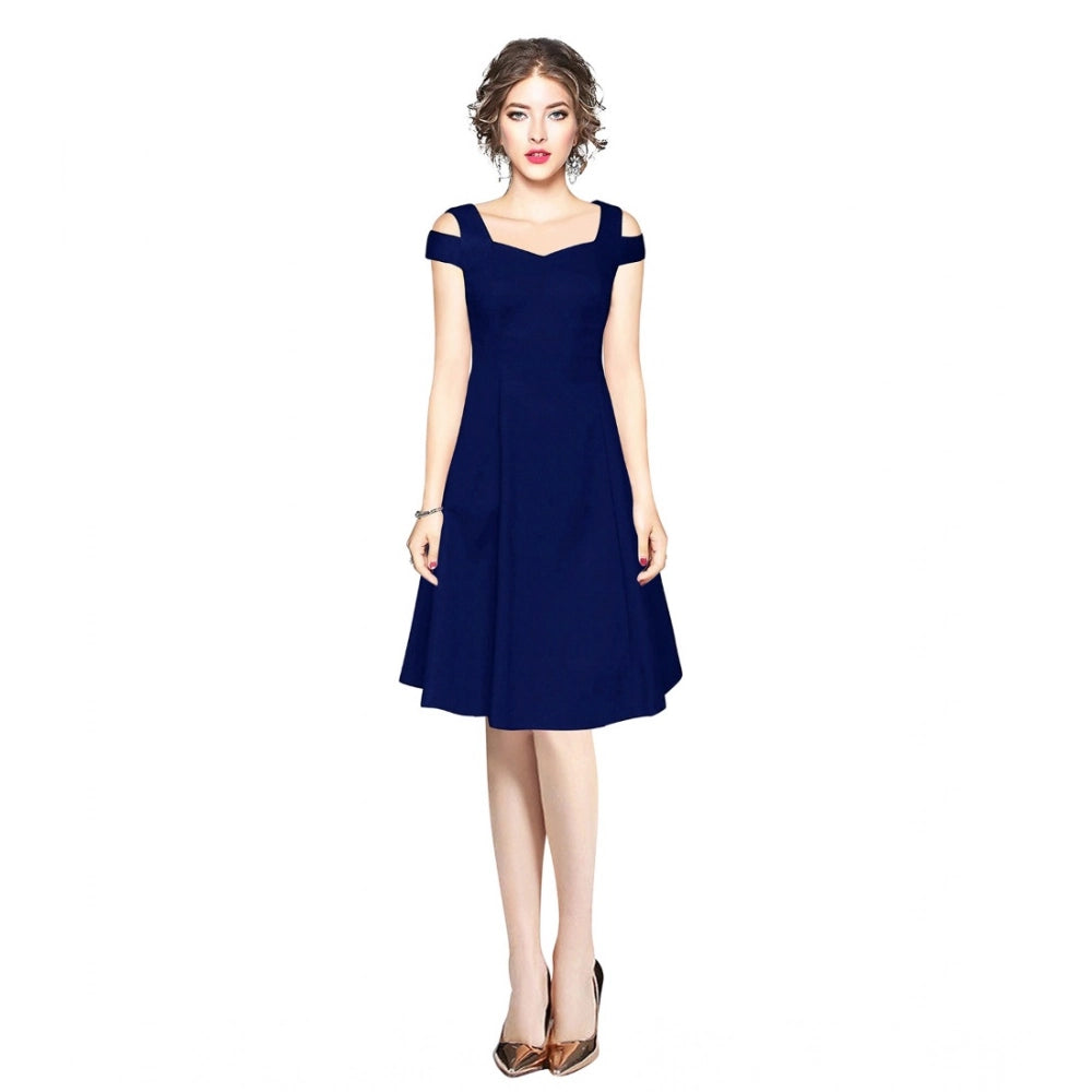 Vaystra Polyester Solid V Neck Cap Sleeve off Shoulder Dress – Blue