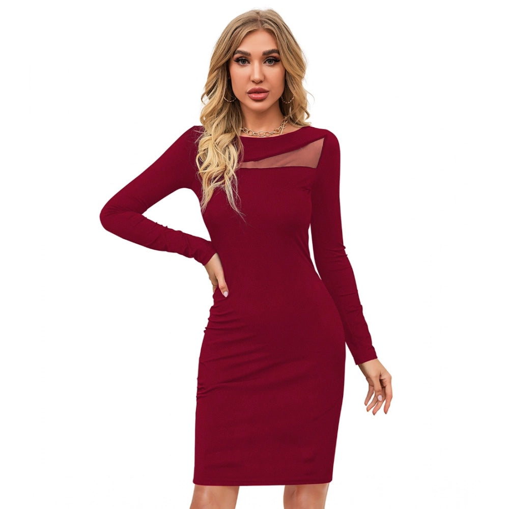 Vaystra Knitting stretchable Solid Round Neck Full Sleeve Dress – Maroon