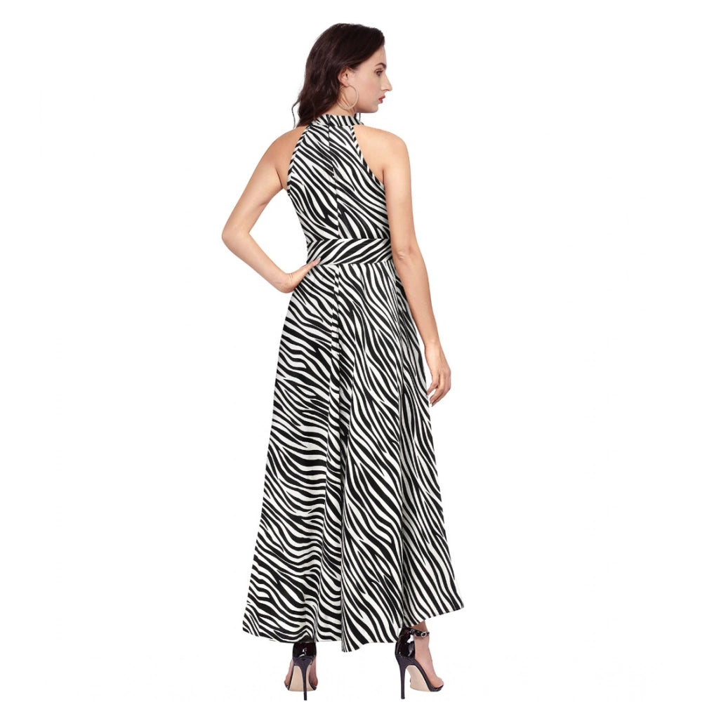 Vaystra Polyester Zebra Pattern Halter Neck Sleeveless Dress – White