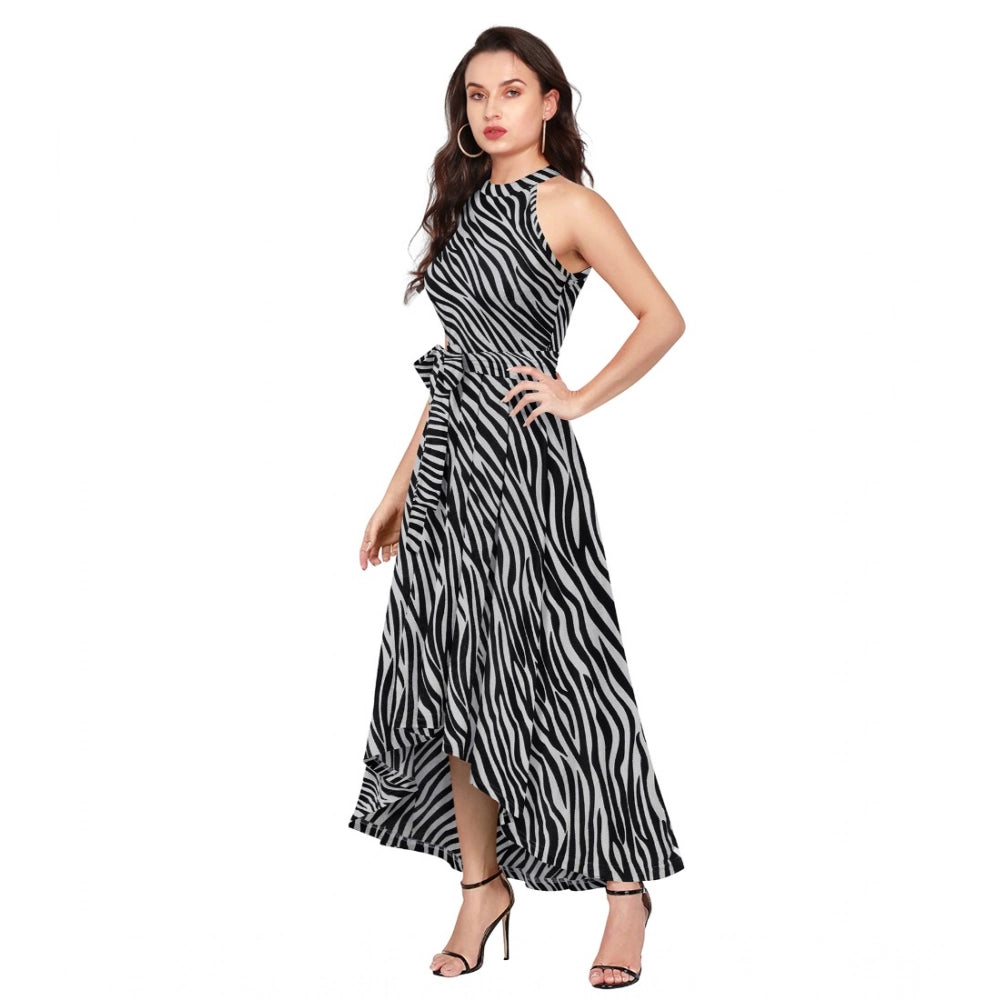 Vaystra Polyester Zebra Pattern Halter Neck Sleeveless Dress – Navy Blue